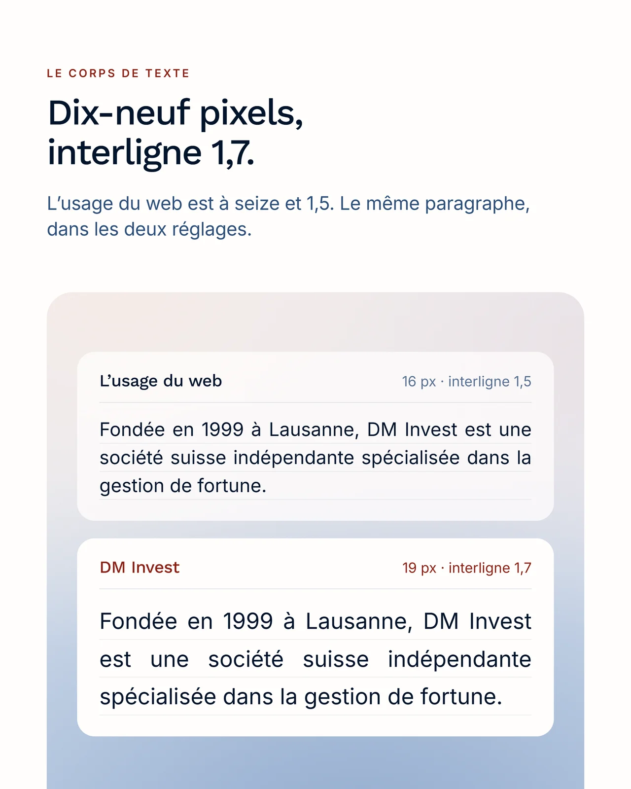 Le même paragraphe à seize pixels puis à dix-neuf, interlignes 1,5 et 1,7