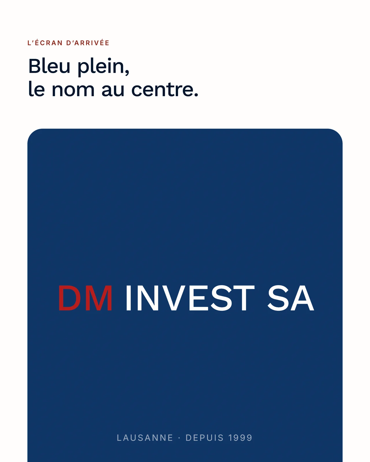 L'écran d'arrivée du site : un bleu profond plein cadre, « DM Invest SA » au centre