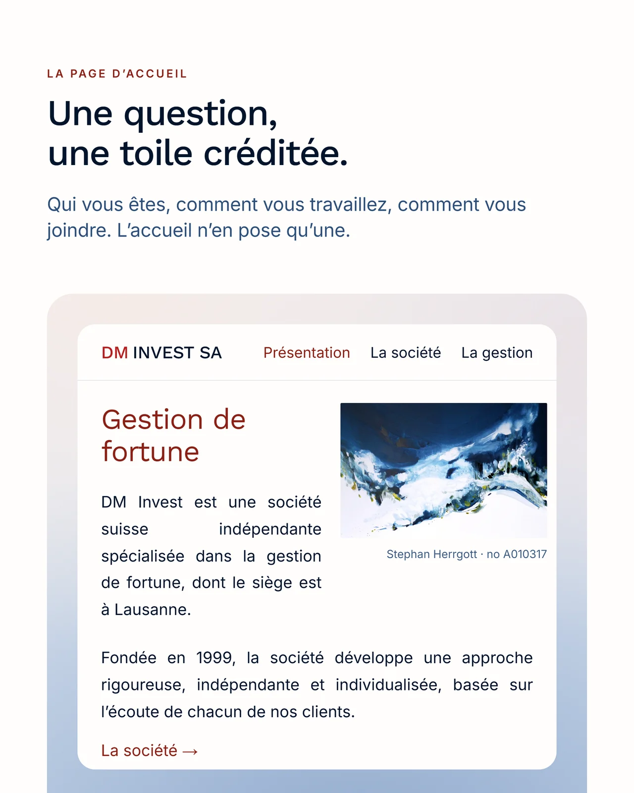 La page d'accueil : titre en rouge, paragraphes justifiés, toile créditée par sa référence