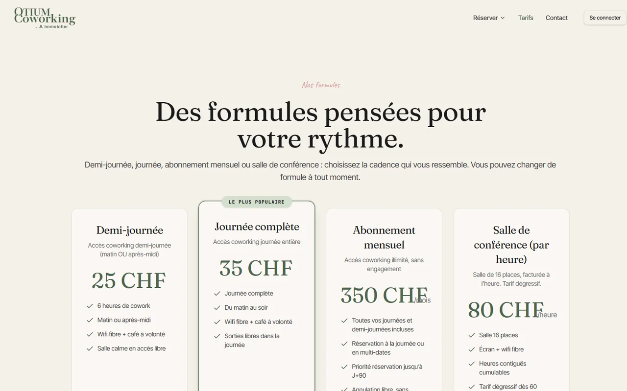 Grille tarifaire : demi-journée, journée, abonnement, salle de conférence